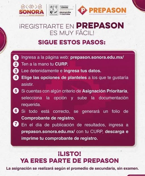 🟠 ¡Regístrate en #Prepason! Sigue estos sencillos pasos en prepason.sonora.edu.mx/ y listo. ⬇️ 🗓️ Del 1 de abril al 15 de mayo.