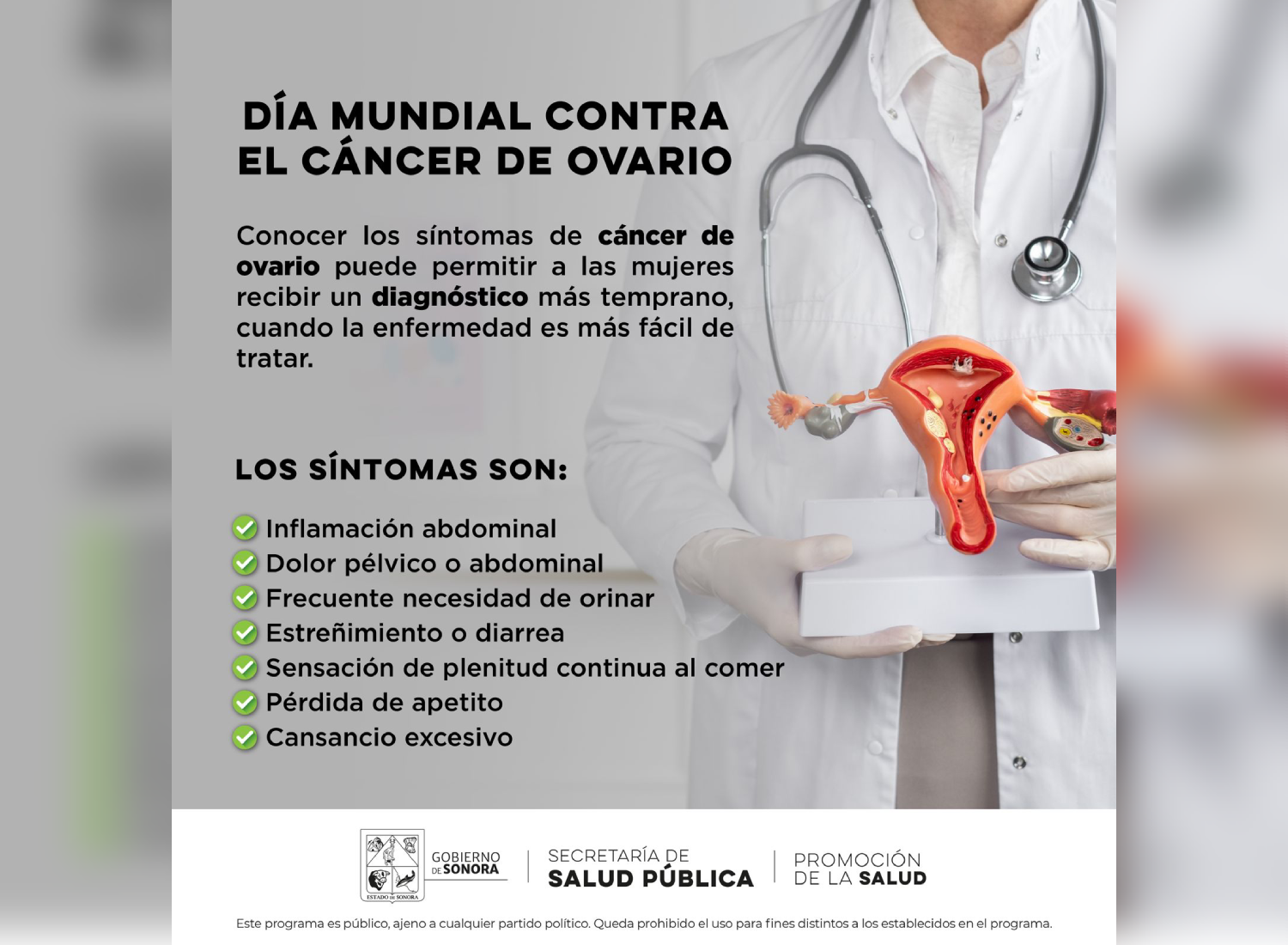 Llama Salud Sonora a detectar a tiempo el cáncer de ovario